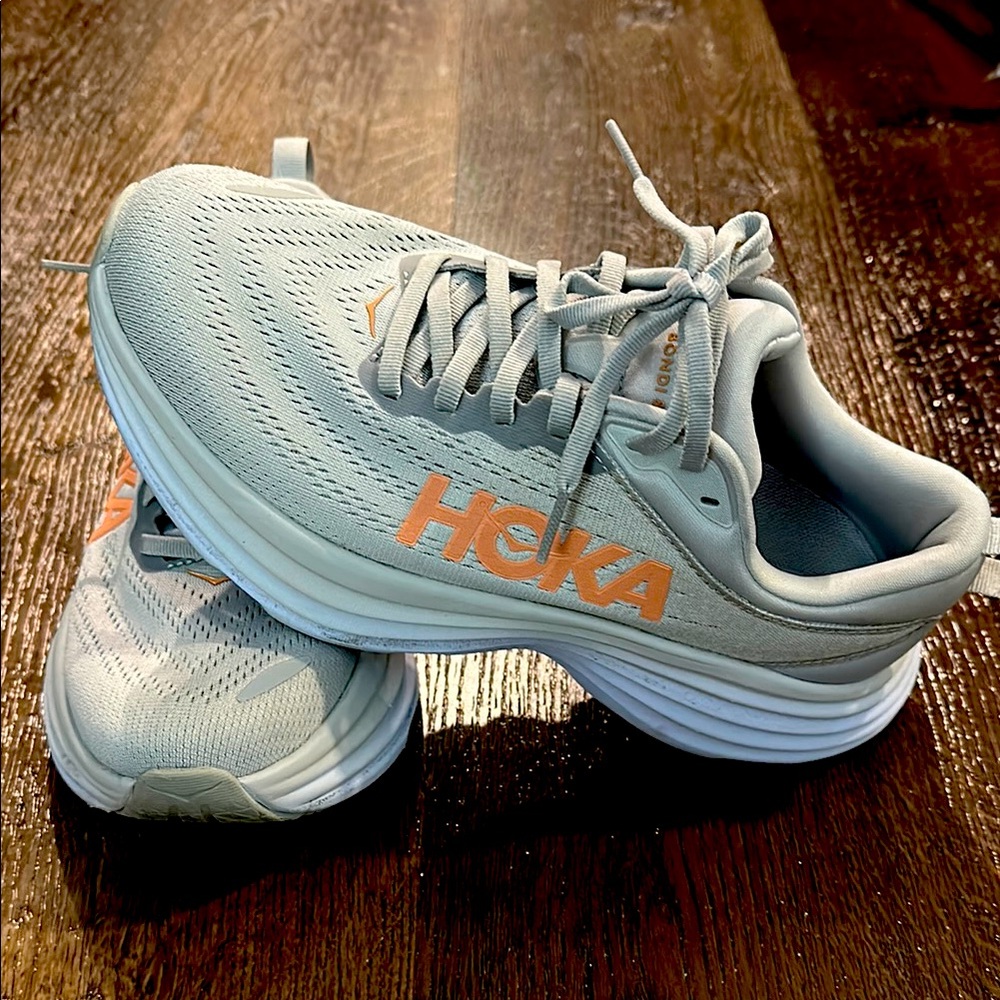 Hoka Running Shoes - Light Gray and Orange Bondi 8